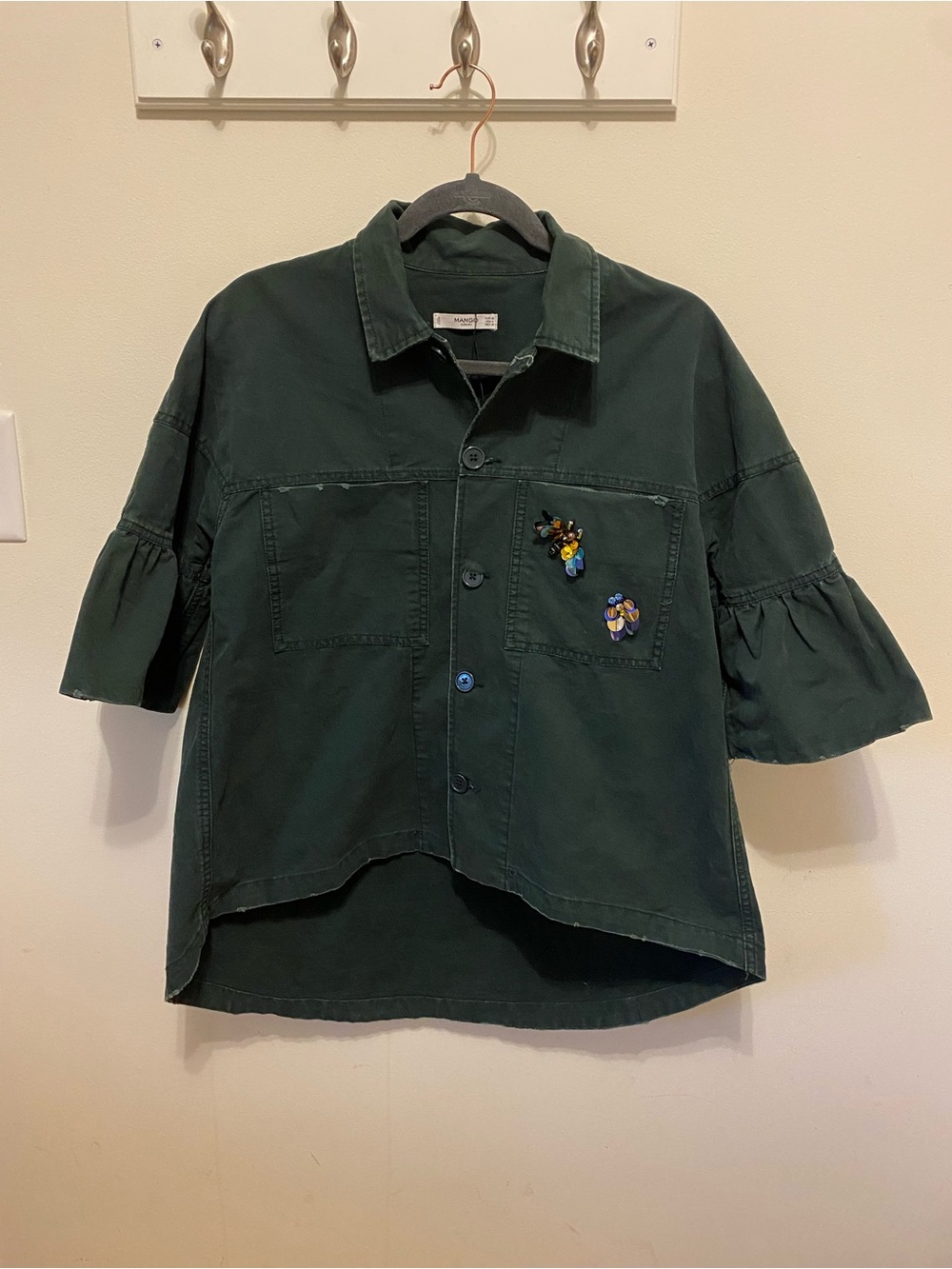 MANGO casual short sleeve embellished jacket size medium 6 military green